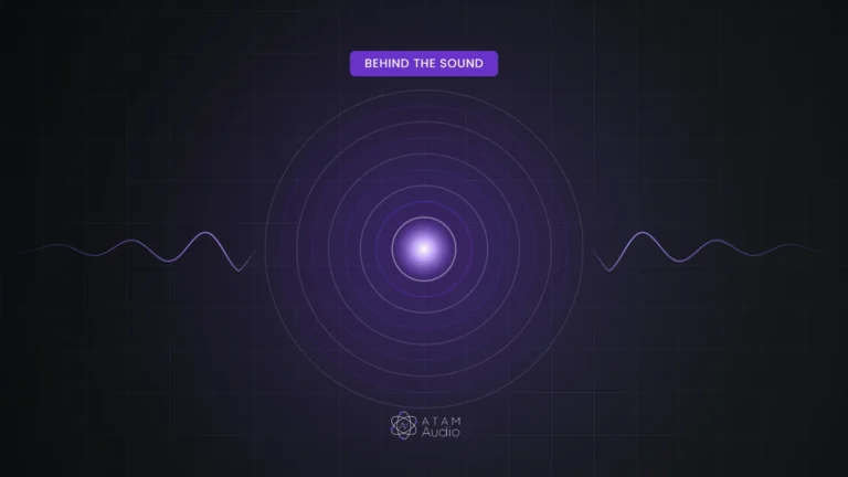 Concentric sound rings radiating from a glowing center in ATAM Audio purple