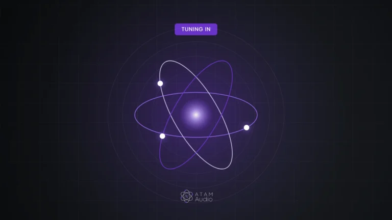 Orbiting rings around a glowing core representing immersive sound in ATAM Audio purple