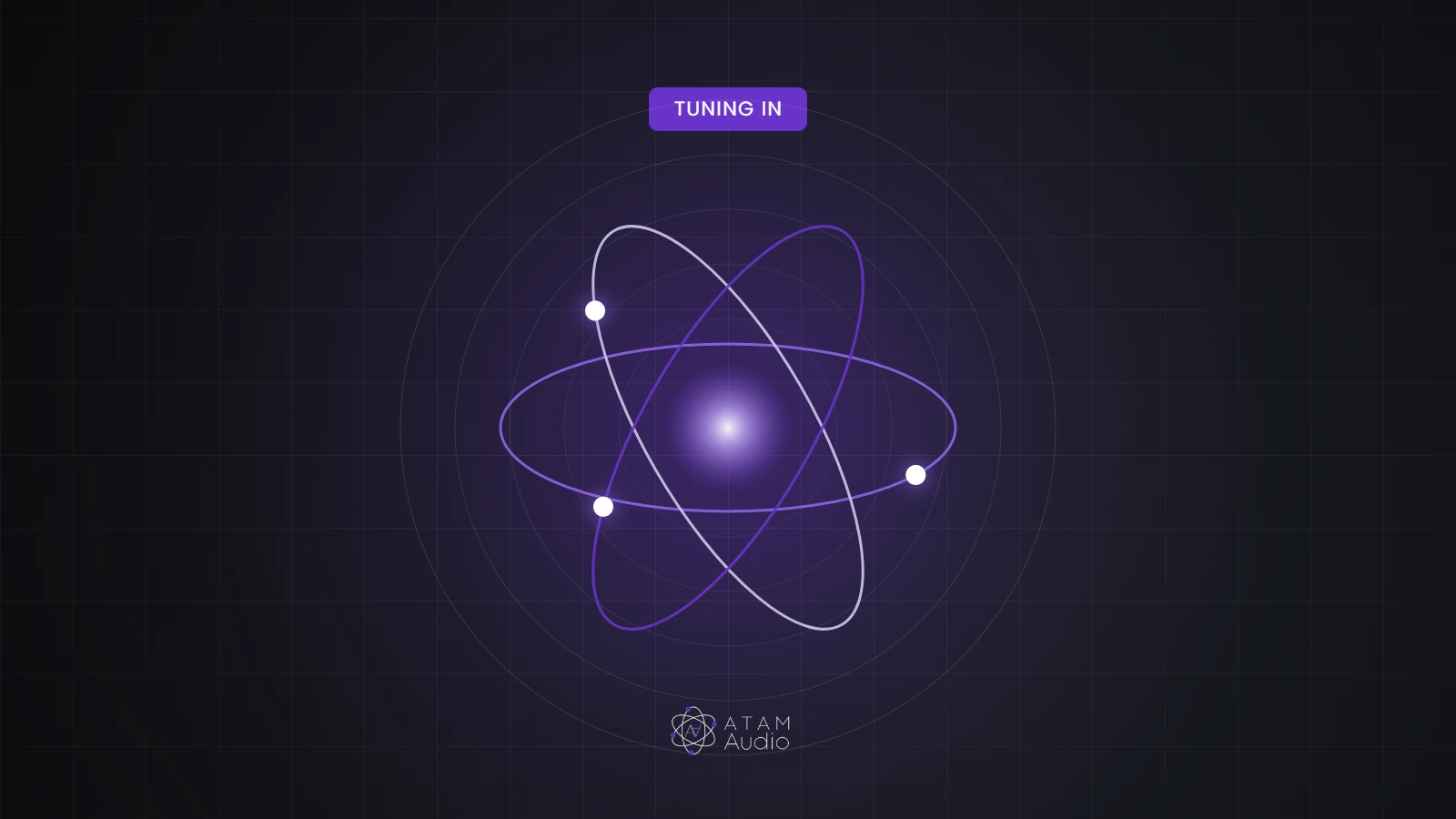 Orbiting rings around a glowing core representing immersive sound in ATAM Audio purple
