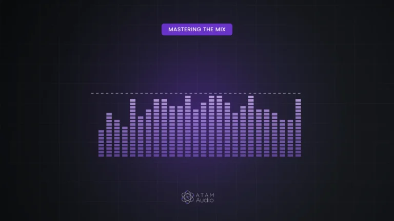 Level meter bars held at a dotted target line, illustrating podcast loudness standards, in ATAM Audio purple