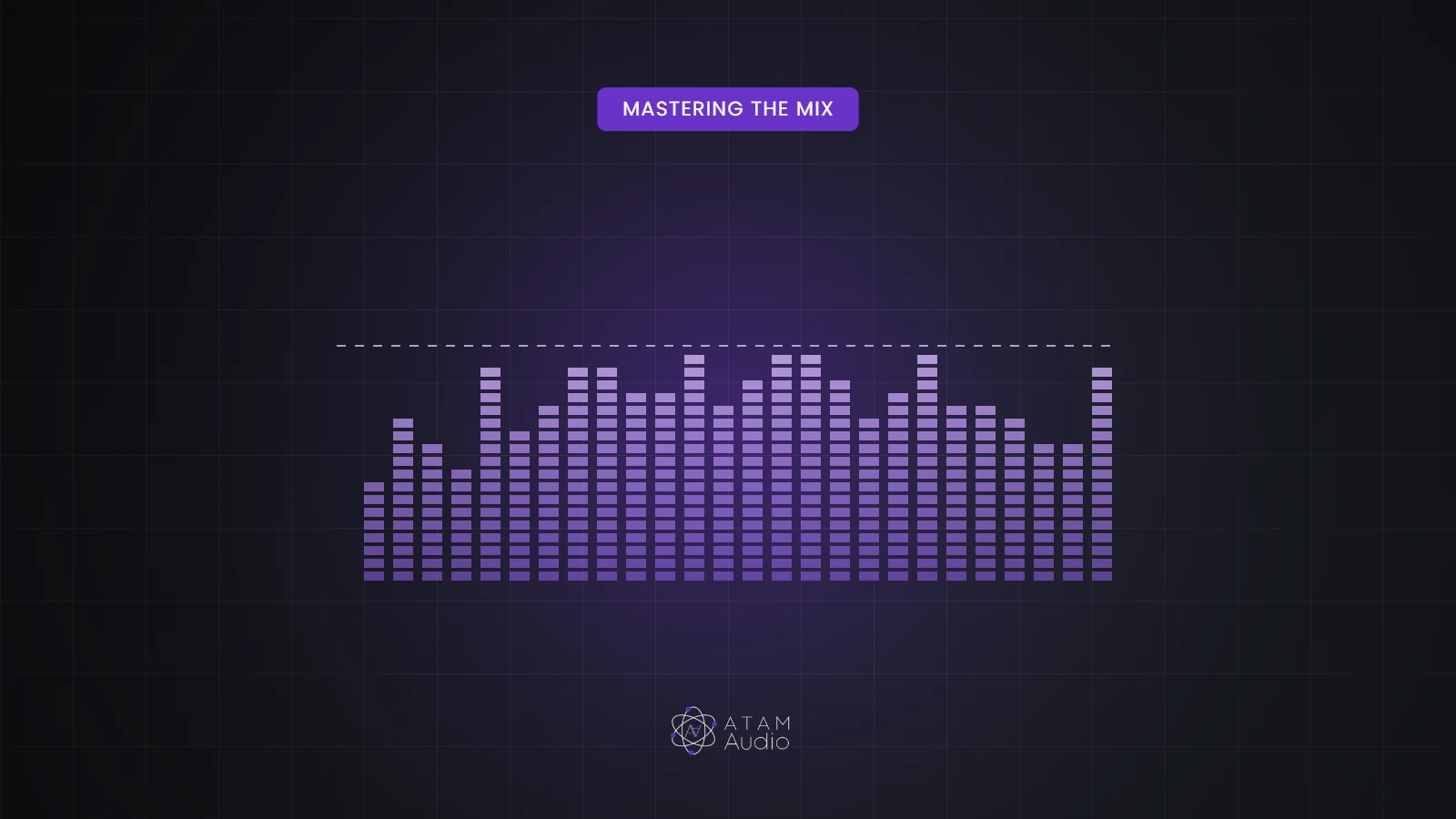 Level meter bars held at a dotted target line, illustrating podcast loudness standards, in ATAM Audio purple