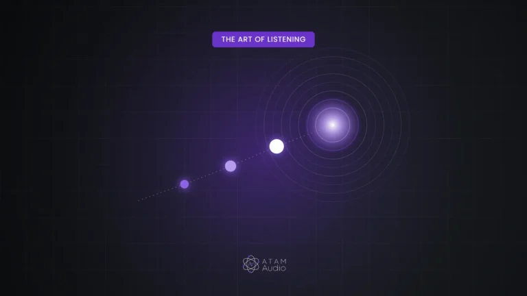 Three ascending notes resolving into a glowing burst, illustrating a sonic logo, in ATAM Audio purple