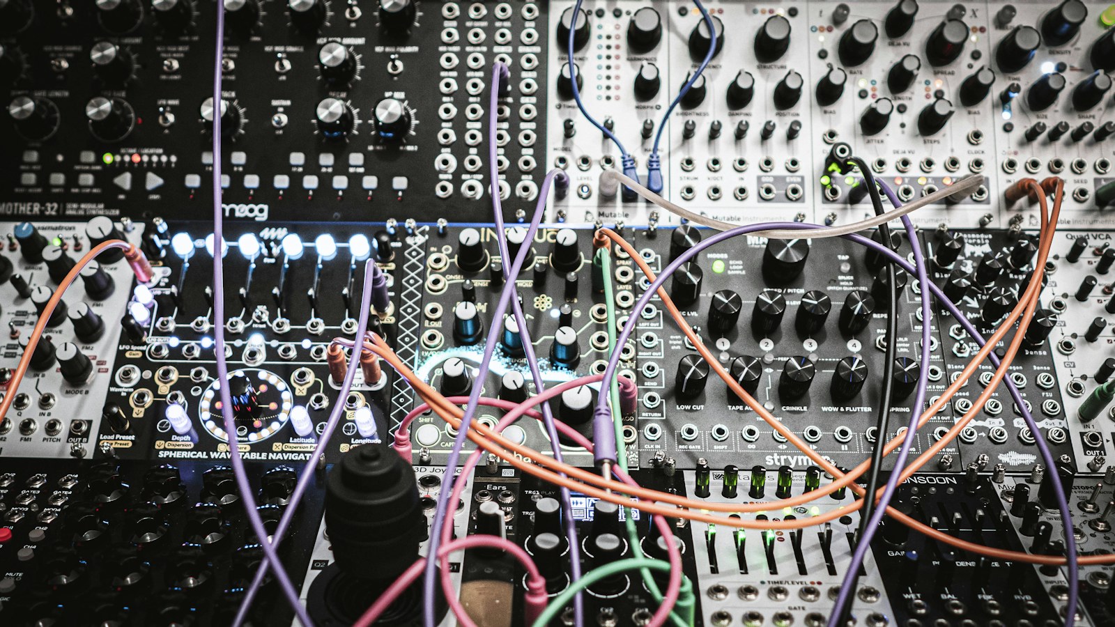 Modular synthesizer with patch cables used for original sound design